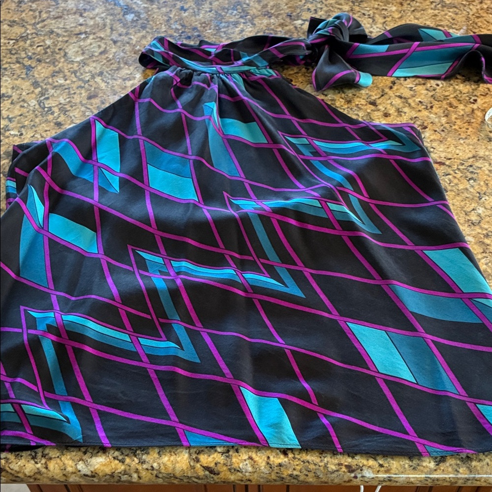 INC International Concepts Vibrant Black and Teal Geometric Halter Top